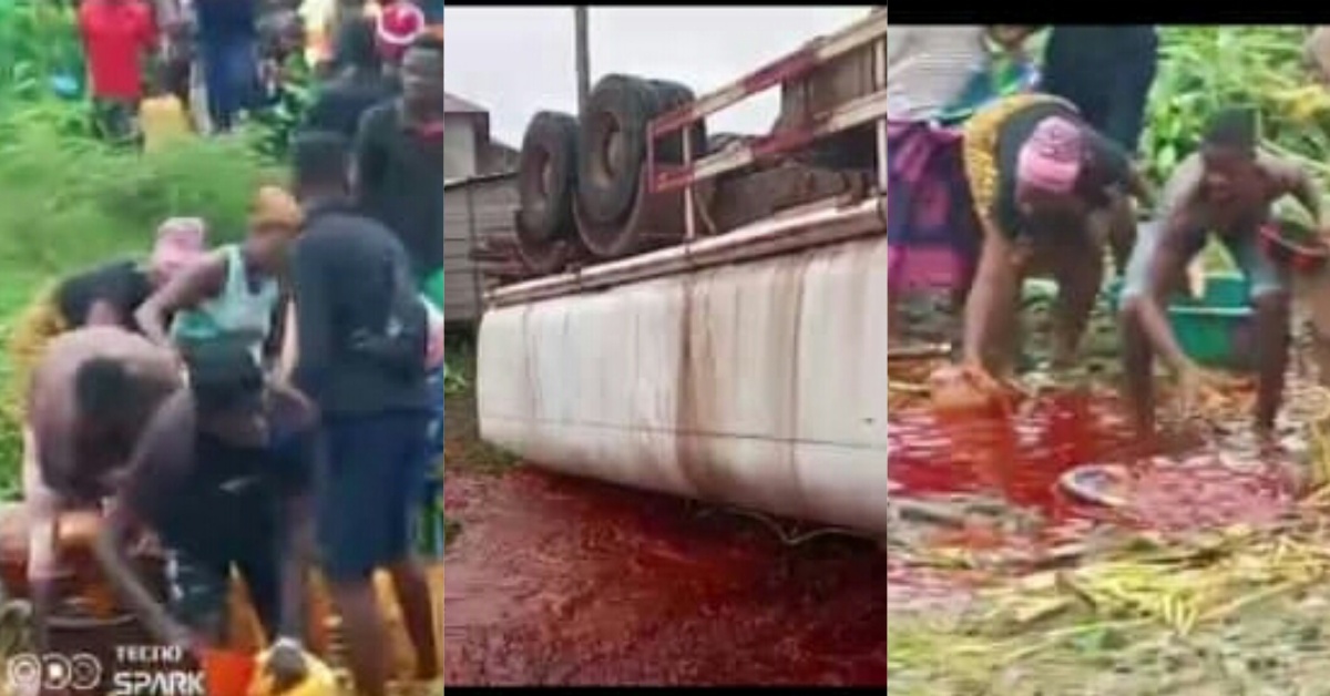 Sierra Leoneans Spotted Scooping Palm Oil From Overturned Oil Tanker