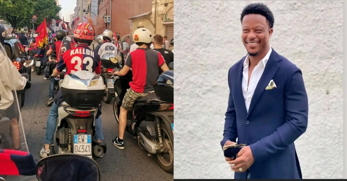 Mohamed  Kallon Reacts as Genoa Fan Celebrates With His Jersey in Italian Serie A Promotion