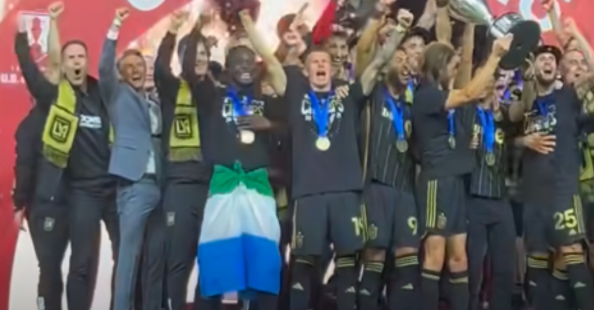 Kei Kamara Celebrates Los Angeles FC Open Cup Victory with the Sierra Leone Flag