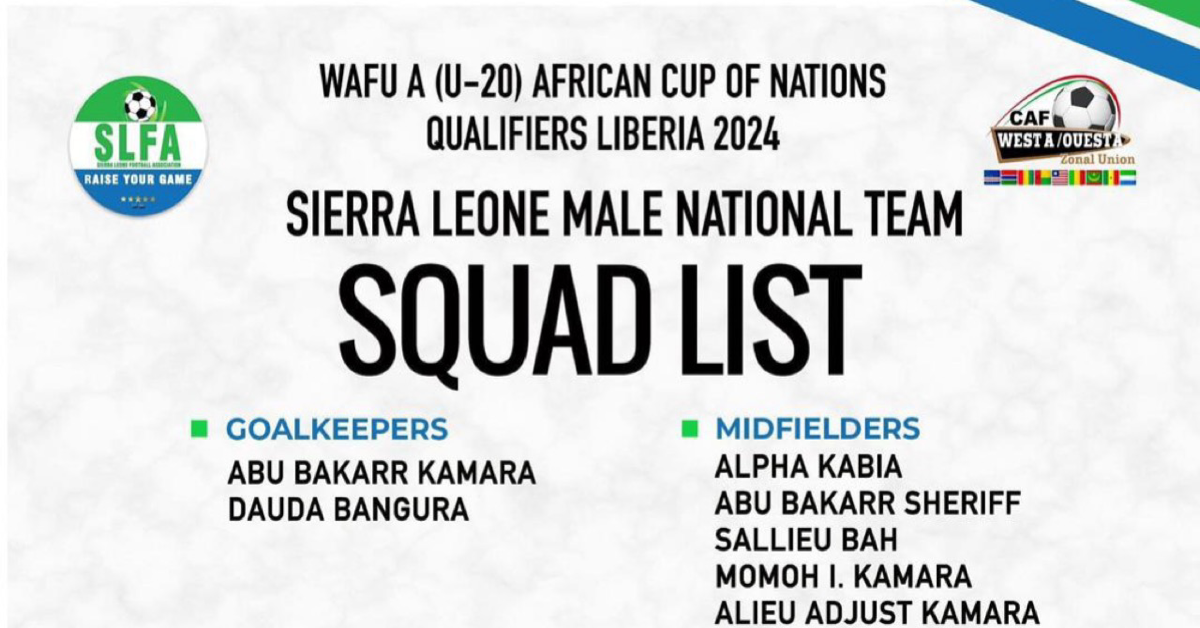 Sierra Leone Unveils Squad For U-20 Africa Cup of Nations Qualifiers (WAFU A) Tournament