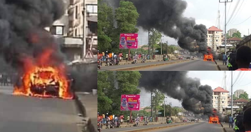 Car Engulfed in Flames on Busy Freetown Highway